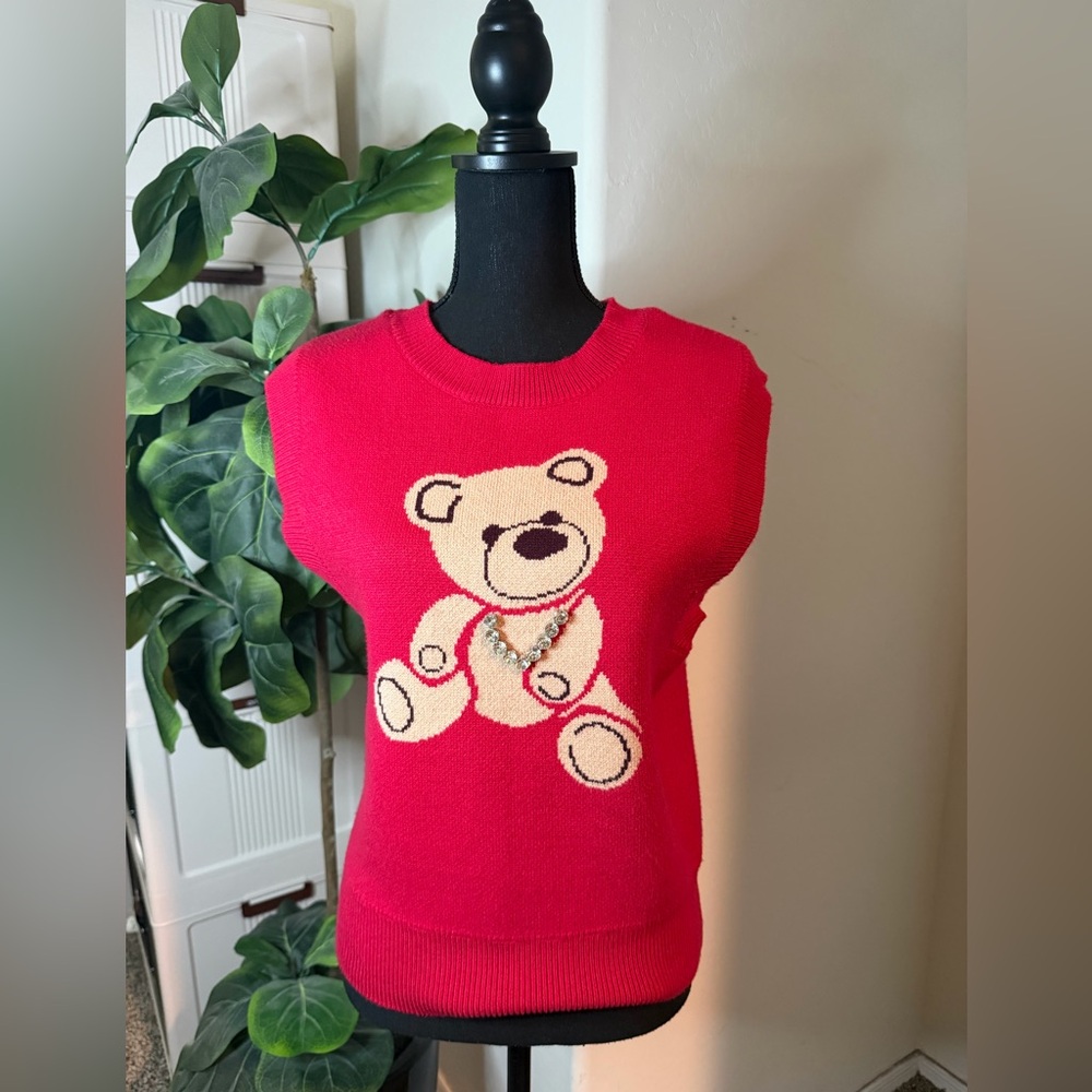 Anthropologie Red Teddy Bear Knit Sleeveless Top